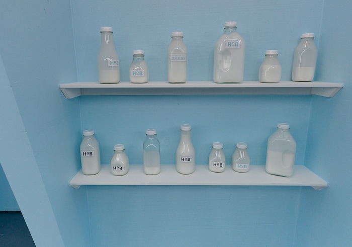 (Francisco Kjolseth  |  The Salt Lake Tribune)  Milk sits in the refrigerator at Hall of Breakfast, a quirky new art exhibit that celebrates the first meal of the day. It is open for one month The Gateway in Salt Lake City.