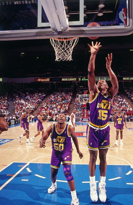 Corey Crowder (15) of the Utah Jazz shoots against the Sacramento Kings circa 1992 at Arco Arena in Sacramento, California. Crowder is the father of Jae Crowder, now a Utah Jazz forward, and was teammates with Jazz wing Thabo Sefolosha for three seasons in France.