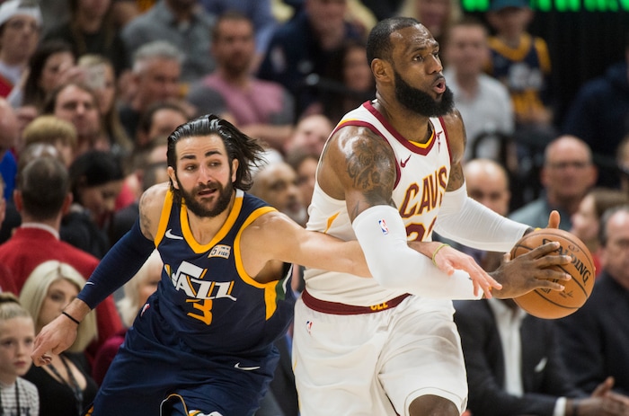(Rick Egan  |  The Salt Lake Tribune)   Utah Jazz guard Ricky Rubio (3) tries to get the ball from Cleveland Cavaliers forward LeBron James (23), in NBA action Utah Jazz vs Cleveland Cavaliers, in Salt Lake City,  Saturday, December 30, 2017.


