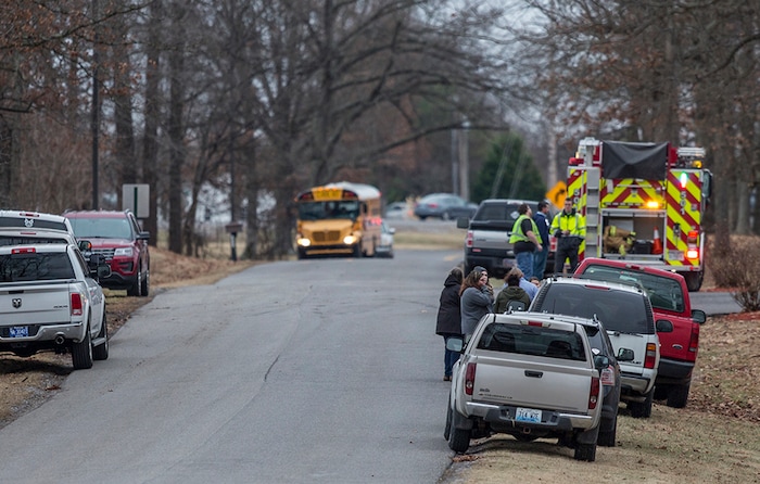 Emergency crews respond to Marshall County High School after a fatal school shooting Tuesday, Jan. 23, 2018, in Benton, Ky. Authorities said a shooting suspect was in custody. (Ryan Hermens/The Paducah Sun via AP)