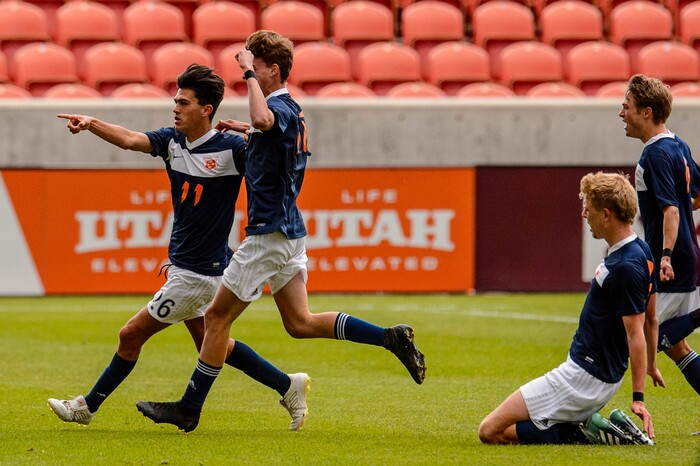 (Trent Nelson  |  The Salt Lake Tribune)  
Brighton's London Botelho (26) celebrates a goal as Olympus faces Brighton High School in the 5A boys state championship game at Rio Tinto Stadium in Sandy, Thursday May 23, 2019.