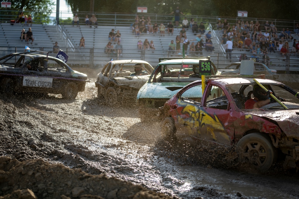 (Rick Egan | The Salt Lake Tribune) Trash Car Racing at the Cache County Fairgrounds in Logan on Saturday, July 18, 2026.
