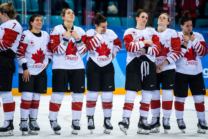 (Chris Detrick  |  The Salt Lake Tribune)  Members of team Canada after the Women's Gold Medal Game at Gangneung Hockey Centre during the Pyeongchang 2018 Winter Olympics Thursday, Feb. 22, 2018. United States defeated Canada 3-2 in a shootout victory. 