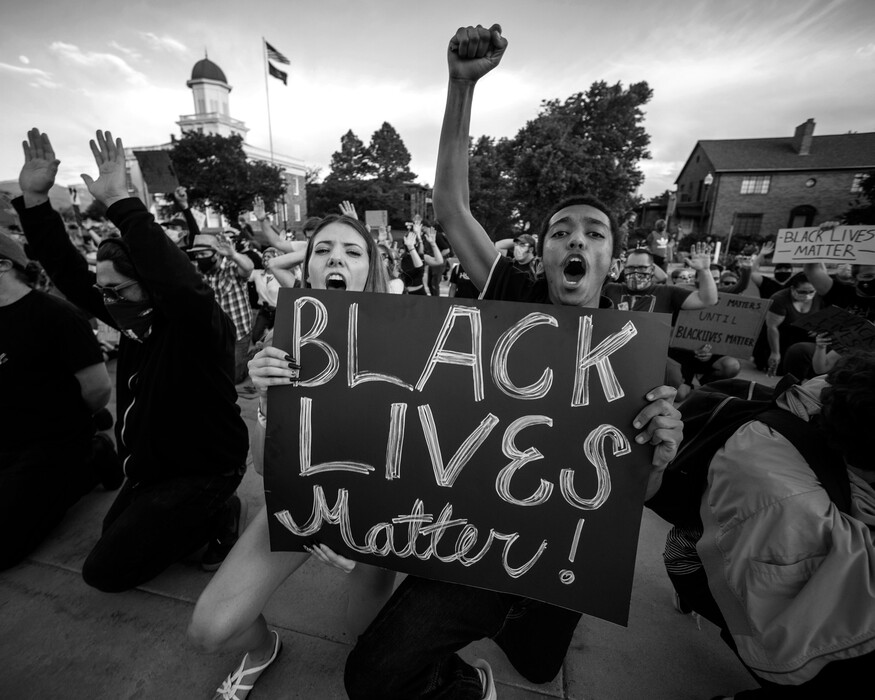 (Rick Egan | The Salt Lake Tribune) Black Lives Matter protesters shout "Hans up - don't shoot" during a rally for racial equality, at the Utah Sate Capitol on Wednesday, June 3, 2020.