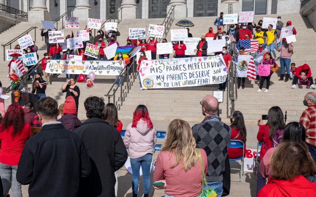 (Rick Egan | The Salt Lake Tribune)  Participants gather on the steps of the Capitol, for the national Day Without Immigrants rally, on Monday, Feb. 14, 2022.