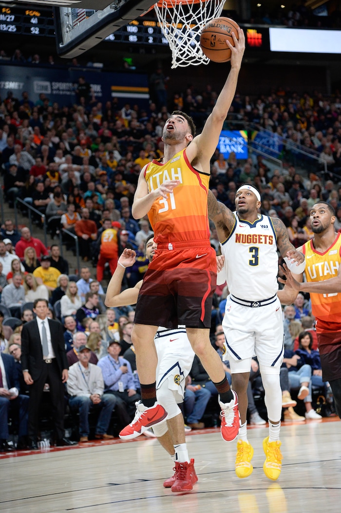 (Francisco Kjolseth  |  The Salt Lake Tribune) Utah Jazz forward Georges Niang (31) as the Utah Jazz host the Denver Nuggets in their NBA game at Vivint Smart Home Arena Tuesday, April 9, 2019, in Salt Lake City.