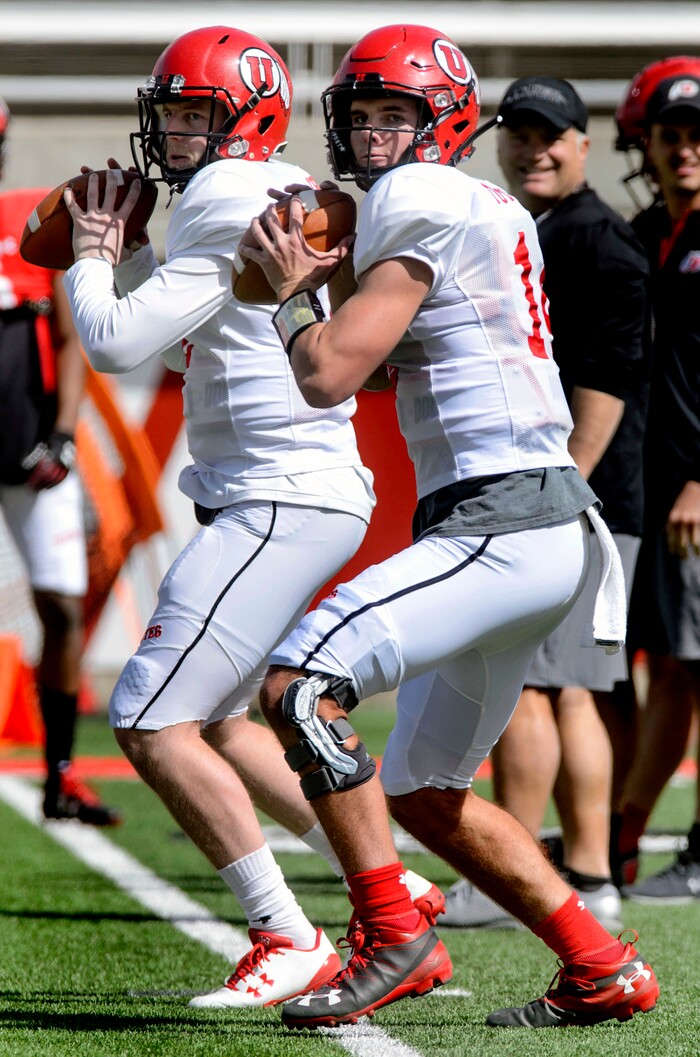 (Steve Griffin  |  The Salt Lake Tribune) Utah quarterbacks Drew Lisk, left, and Jack Tuttle warm-up during the University of Utah football team's first scrimmage at Rice-Eccles Stadium in Salt Lake City Friday March 30, 2018.