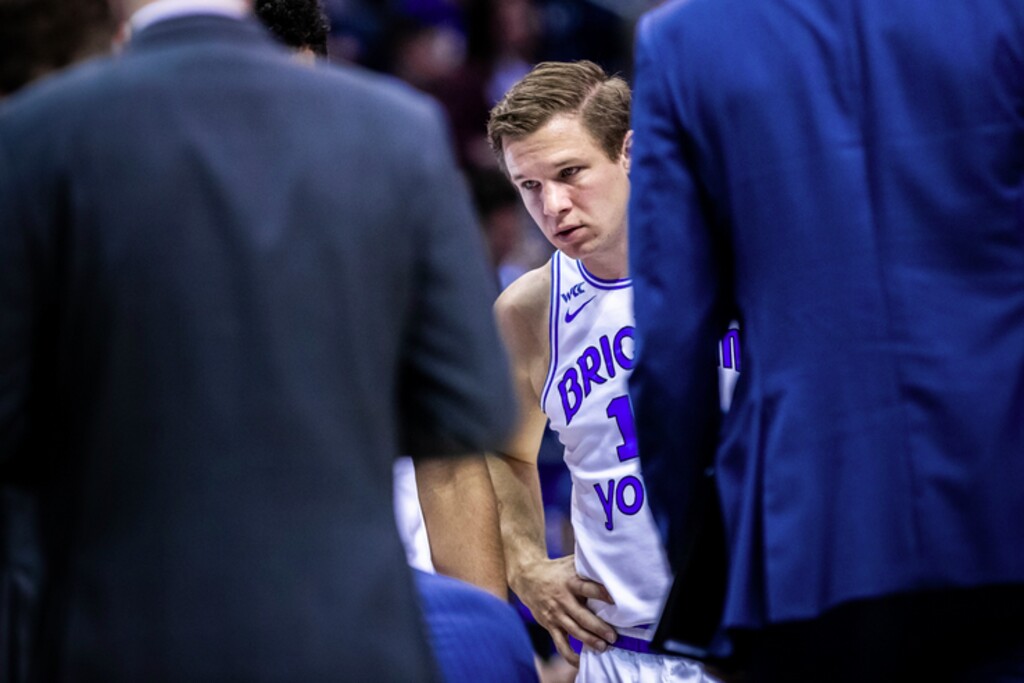 (Photo courtesy of BYU Athletics) Senior BYU guard Taylor Maughan takes in instructions during a timeout against Montana Tech earlier this season.  When not playing basketball, Maughan is a certified EMT.