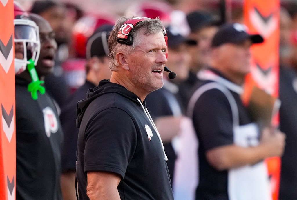 (Francisco Kjolseth | The Salt Lake Tribune) Utah Coach Kyle Whittingham on the sidelines as Utah hosts Cal Poly, NCAA football in Salt Lake City on Saturday, Sept. 6, 2025.