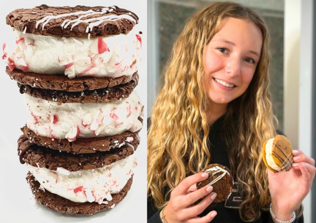 (Tyla Buttars | Double Drizzle) The young entrepreneur holds her sweet creations — at left: “A soft peppermint-brownie cookie filled with vanilla ice cream, rolled in crushed peppermint candy, then double drizzled with silky dark AND white chocolate ganache.”