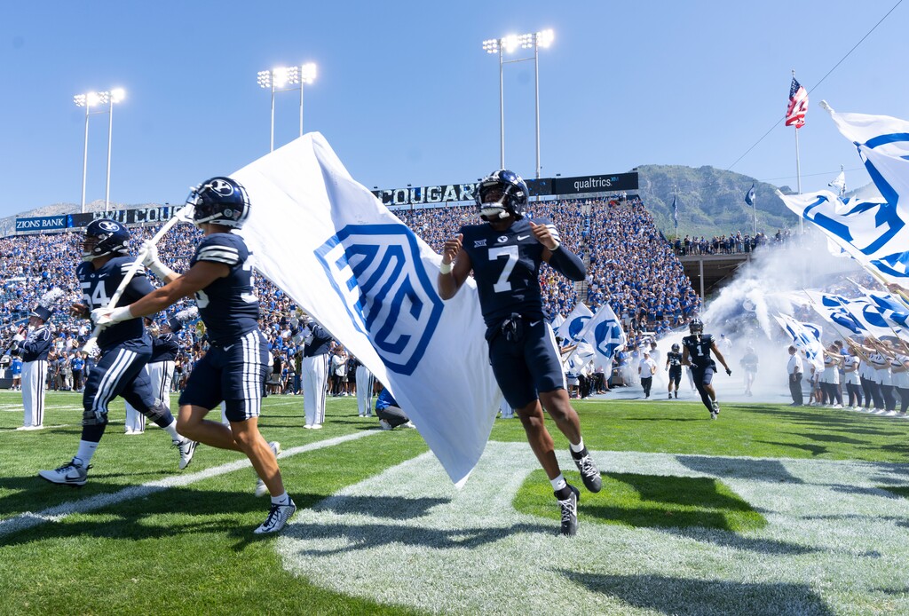 (Rick Egan | The Salt Lake Tribune) The Brigham Young Cougars takes the field for football action between the Southern Utah Thunderbirds and the Brigham Young Cougars, at LaVell Edwards Stadium, on Saturday, Sept. 9, 2023.
