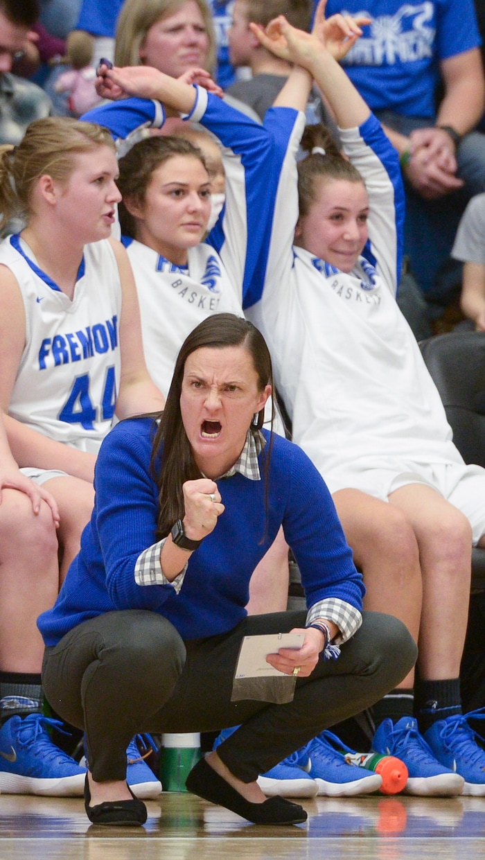 (Leah Hogsten  |  The Salt Lake Tribune) Fremont's head coach Lisa Dalebout makes a fist at guard Mazzie Melaney (15) in the remaining minutes. Fremont defeated Bingham 61-47 to win the 6A High School Girls' Basketball Tournament title at SLCC in Taylorsville,Saturday, Feb. 24, 2018. 