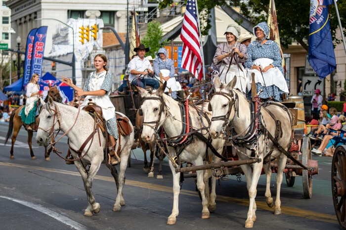 (Rick Egan | The Salt Lake Tribune) Pioneer wagons at the Days of '47 Parade in Salt Lake City on Thursday, July 24, 2025.