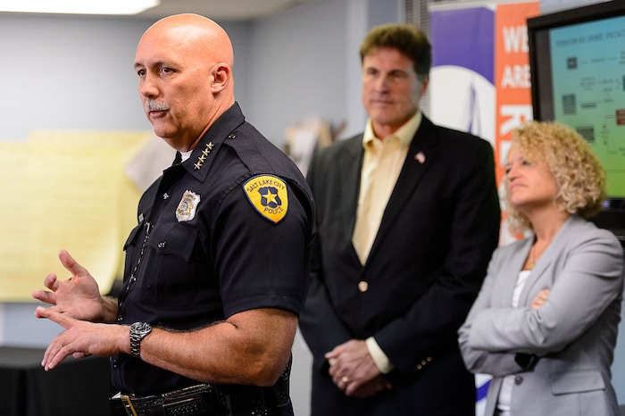 (Trent Nelson | The Salt Lake Tribune) Salt Lake Police Chief Mike Brown speaks at a news conference on Operation Rio Grande, at Odyssey House in Salt Lake City, Tuesday August 22, 2017. At right is Rep. Jim Dunnigan, R-Taylorsville and Salt Lake City Mayor Jackie Biskupski.