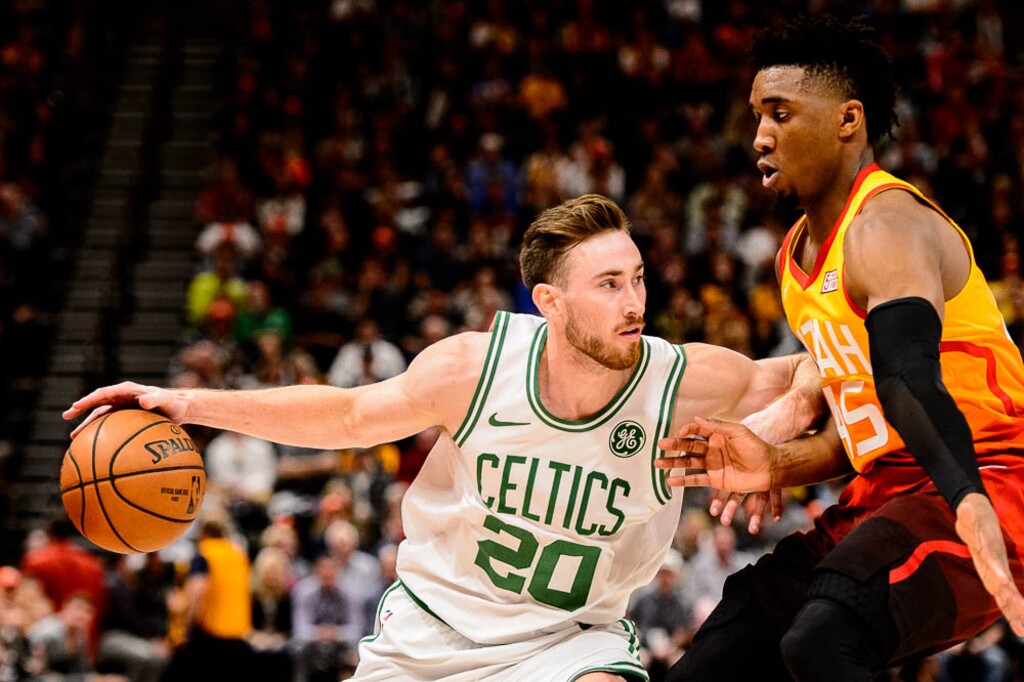 (Trent Nelson | The Salt Lake Tribune)  Boston Celtics forward Gordon Hayward (20) defended by Utah Jazz guard Donovan Mitchell (45). Utah Jazz vs. Boston Celtics, NBA basketball in Salt Lake City on Friday Nov. 9, 2018.