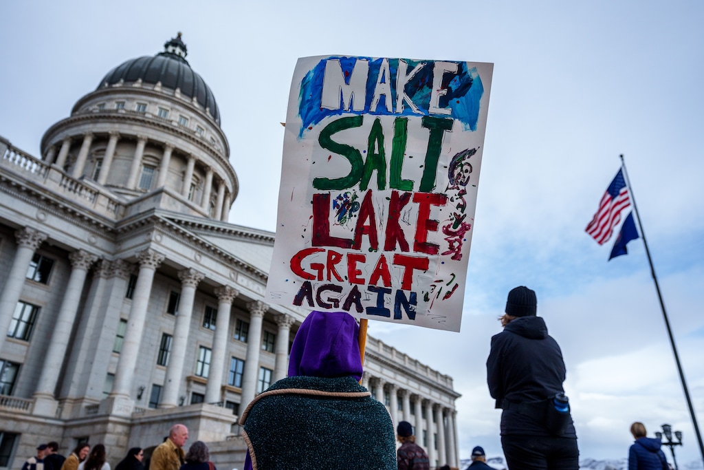 (Trent Nelson  |  The Salt Lake Tribune) Hundreds gather for a "Rally to Save Our Great Salt Lake" at the Capitol building in Salt Lake City on Saturday, Jan. 14, 2023.
