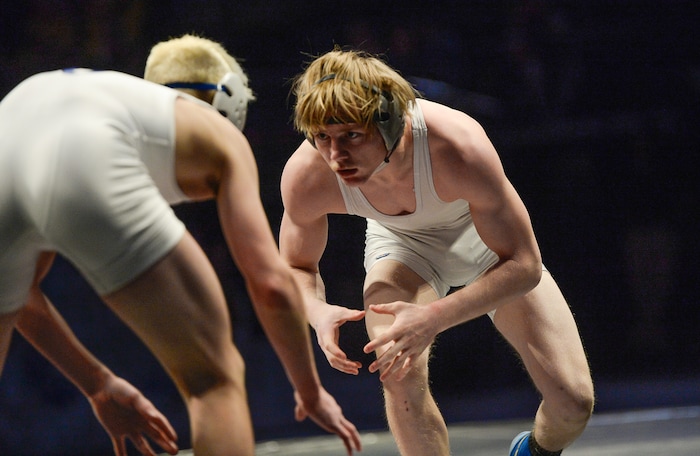 (Francisco Kjolseth  |  The Salt Lake Tribune) Oakley Ridge of Pleasant Grove battles Kegan Leatherow of Fremont in the Class 6A 120 state wrestling championship match at the Utah Valley University UCCU Center on Thursday, Feb. 8, 2018.