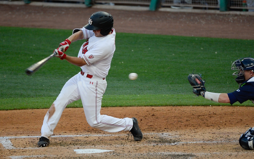 (Francisco Kjolseth  |  The Salt Lake Tribune)  Tyler Thompson gets a strike as Utah and BYU renew their rivalry on the baseball diamond as they battle it out at Smith's Ballpark in Salt Lake City on Tuesday, May 14, 2019.