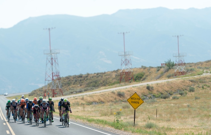 (Rick Egan  |  The Salt Lake Tribune) Cyclists ride through Hill Air Force Base in stage 5, of the Tour of Utah, Friday, August 4, 2017.


