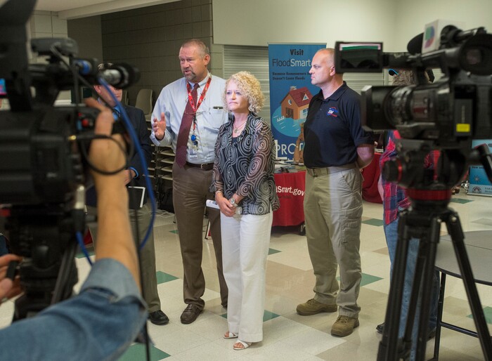 (Rick Egan  |  The Salt Lake Tribune)  Mayor Jackie Biskupski and other city officials speak to the media at Horizonte Training Center, as Salt Lake City, Salt Lake County, and the State of Utah joined efforts to open a Multi-Agency Recovery Center (MARC) for assisting victims of the severe weather event of July 26th. August 1, 2017.