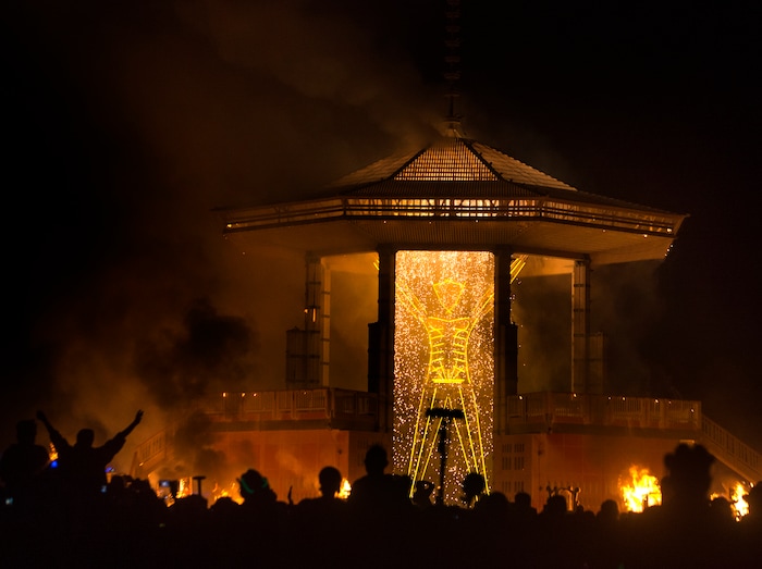 (Rick Egan  |  The Salt Lake Tribune)Fireworks explode as the man starts to burn, in the Black Rock Desert, 100 miles north of Reno, NV, Saturday, September 2, 2017. 