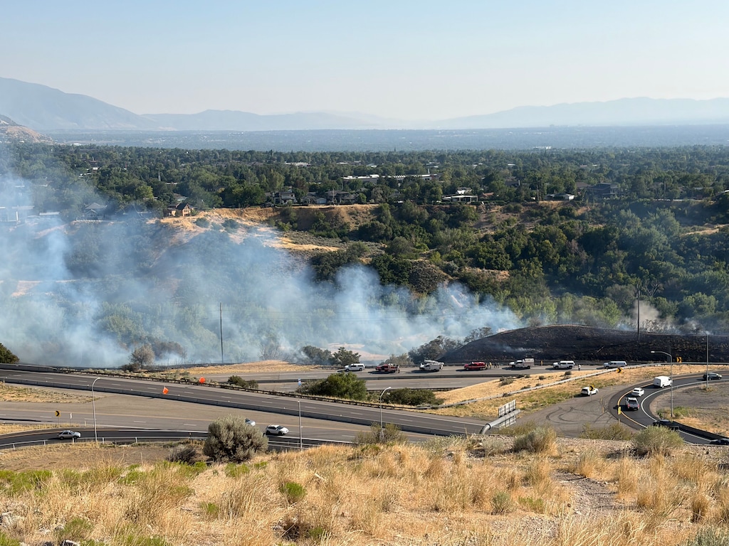 (Trent Nelson | The Salt Lake Tribune) The fast-moving Millcreek Fire burns south of the Interstate 80 and Interstate 215 interchange at the mouth of Parleys Canyon in Salt Lake City on Monday, Aug. 3, 2026.