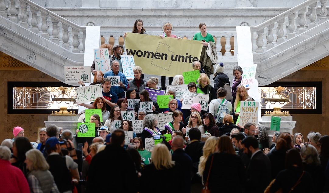 (Francisco Kjolseth  |  The Salt Lake Tribune)  Local supporters of the Equal Rights Amendment rally at the Utah Capitol on Tuesday, Dec. 3, 2019, to encourage Utah to ratify the ERA.