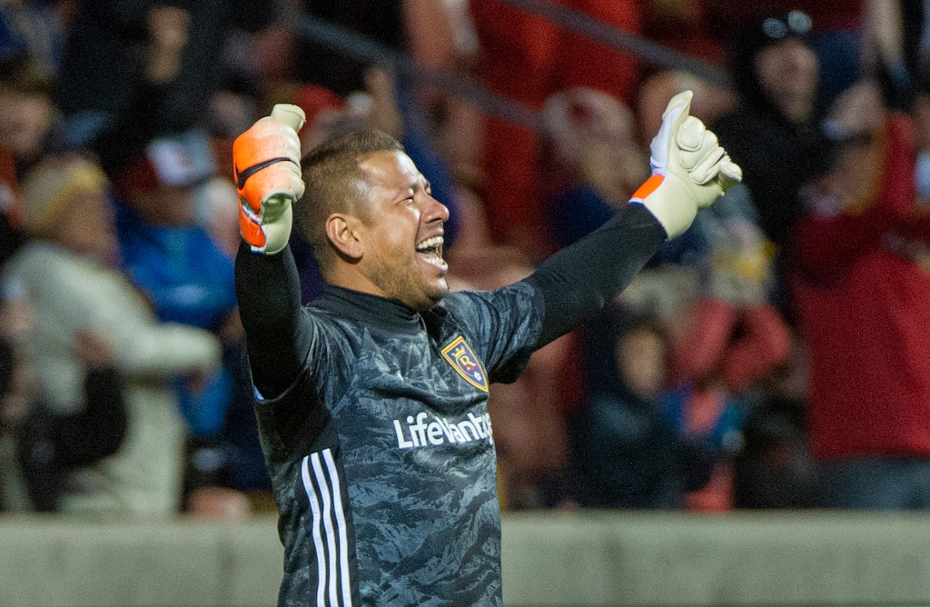  (Rick Egan  |  The Salt Lake Tribune)      Real Salt Lake goalkeeper Nick Rimando (18) reacts as Real Salt Lake defeats the Houston Dynamo 2-1 in his last regular season home game, in MLS soccer action, at Rio Tinto Stadium, Sunday, Sept. 29, 2019.