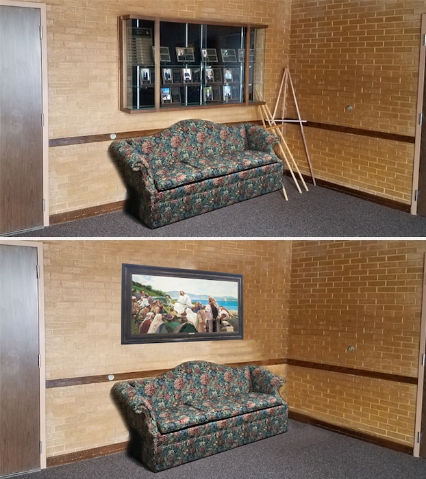 (Photo courtesy of The Church of Jesus Christ of Latter-day Saints)
Top and bottom images show Latter-day Saint meetinghouse foyers without and with Savior-focused art to illustrate how the suggested changes can increase focus on Jesus Christ.