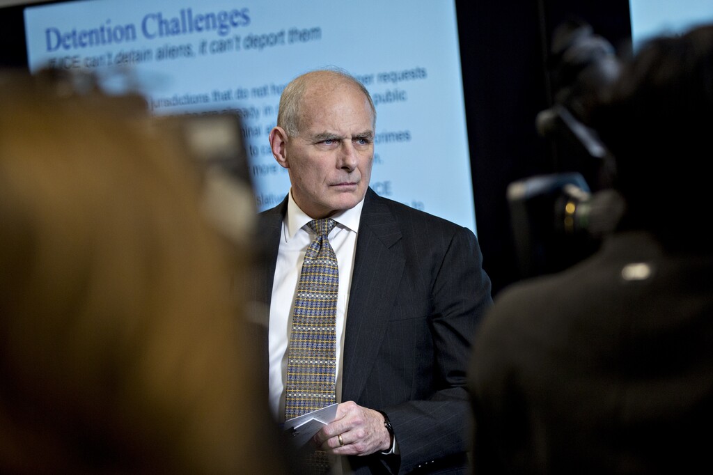 John Kelly, White House chief of staff, listen during a Customs and Border Protection (CBP) roundtable discussion with at the CBP National Targeting Center in Sterling, Virginia, on Feb. 2, 2018. (Andrew Harrer | Bloomberg)