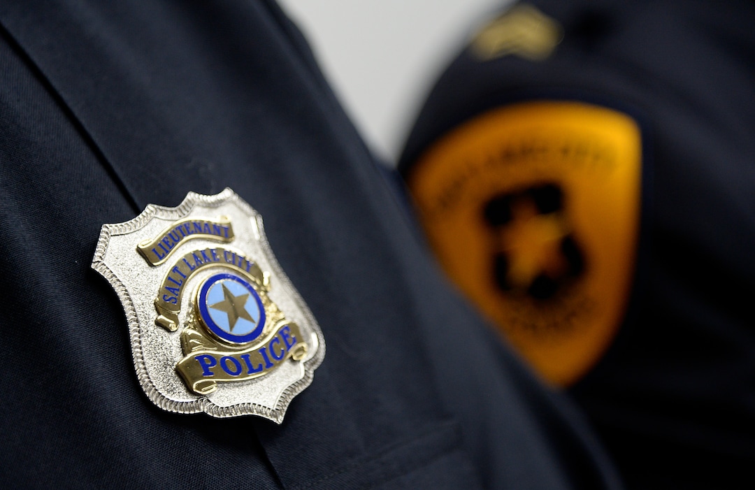 (Francisco Kjolseth  |  The Salt Lake Tribune)  The Salt Lake City Airport Police, established in 1984, is presented with a new patch and badge as they are subsumed into the Salt Lake City Police Department on Tuesday, Feb. 26, 2019. 