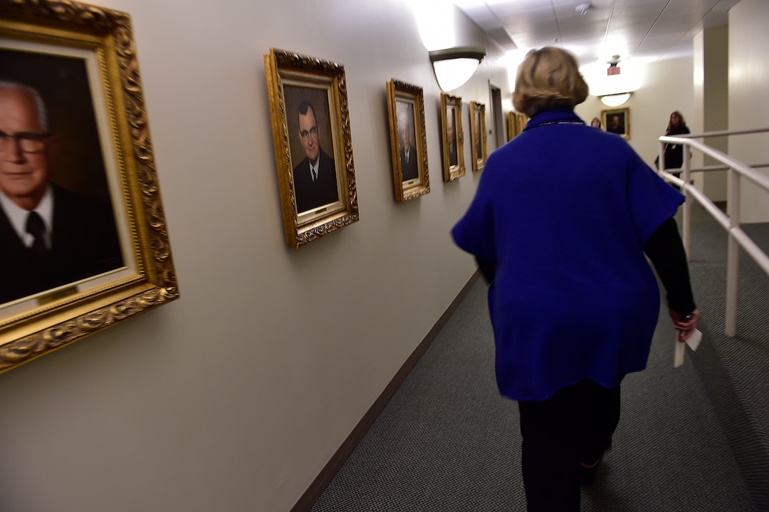 (Scott Sommerdorf   |  The Salt Lake Tribune)   
Justice Justice Christine Durham is retiring after 35 years on the Utah Supreme Court. She walks down a hallway dominated by images of male justices from Utah's past, Thursday, November 16, 2017.
