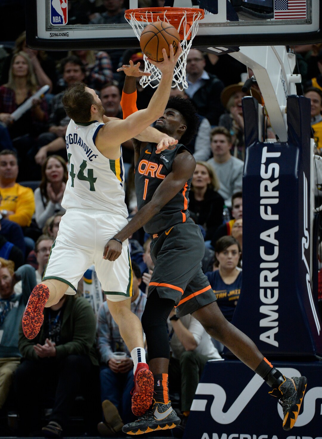 (Francisco Kjolseth  |  The Salt Lake Tribune) Utah Jazz forward Bojan Bogdanovic (44) goes up against Orlando Magic forward Jonathan Isaac (1) in the final minutes as the Utah Jazz host the Orlando Magic in their NBA basketball game at Vivint Smart Home Arena in Salt Lake City on Tuesday. Dec. 17, 2019.