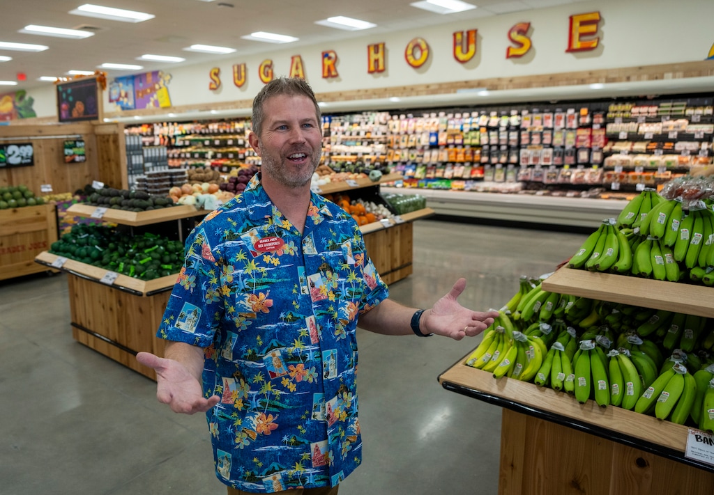 (Rick Egan | The Salt Lake Tribune)  Nick Golfinopolous, "captain" (store manager) of the new Trader Joe's in Sugar House, gives a tour of the store on Thursday, Oct. 10, 2024. The store's grand opening is set for Friday, Oct. 11, 2024.