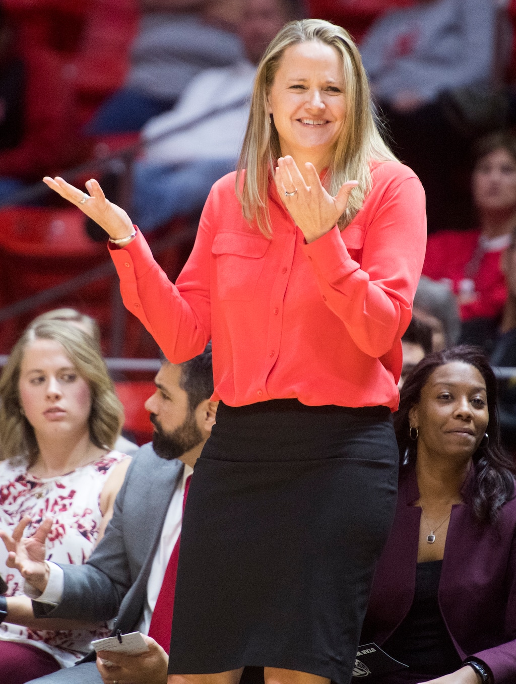 (Rick Egan  |  The Salt Lake Tribune)  Utah Utes head coach Lynne Roberts reacts to a call by the official, in basketball action Utah Utes vs. Purdue Boilermakers, at the Jon M. Huntsman Center, Monday, November 20, 2017.