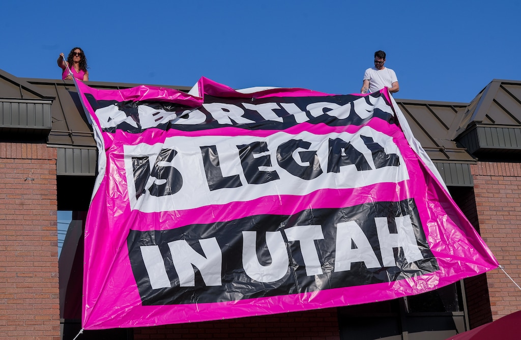 (Chris Samuels | The Salt Lake Tribune) A banner is draped over a Planned Parenthood Association of Utah location in Salt Lake City on Thursday, Aug. 1, 2024, after the Utah Supreme Court ruled that abortion would remain legal up to 18 weeks while the state awaits a lower court’s ruling on a near-total ban.