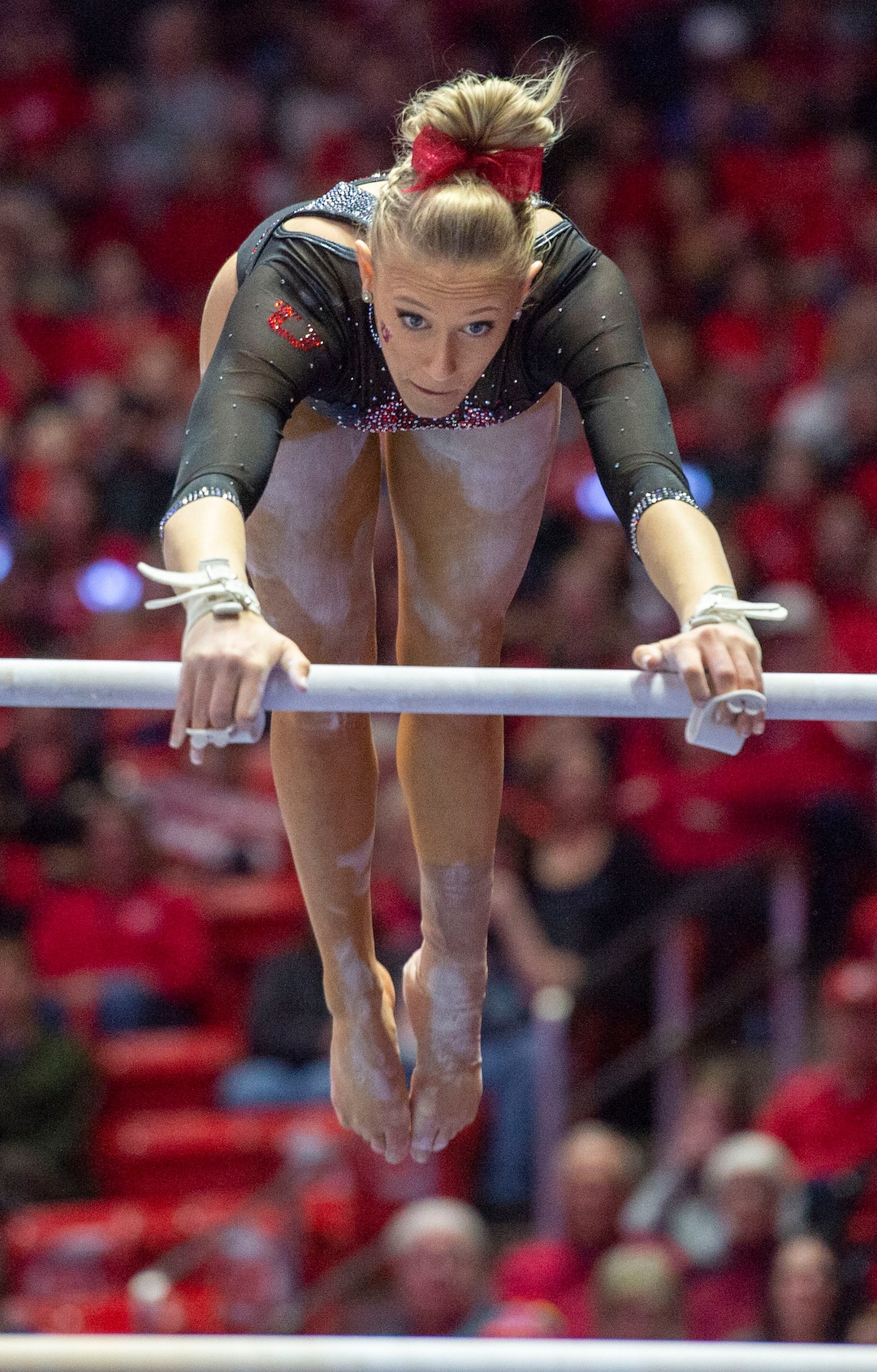 (Rick Egan  |  The Salt Lake Tribune)  THe Makenna Merrill-Giles competes on the uneven bars, in PAC-12 gymnastics action between the UCLA Bruins and the University of Utah, at the Jon M. Huntsman Center, Saturday, Feb. 23, 2019.