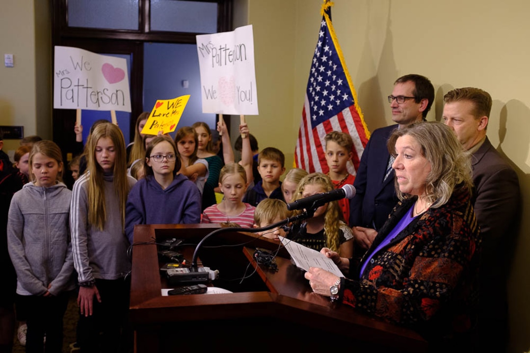 (Trent Nelson | The Salt Lake Tribune)  Valley View Elementary School teacher Moana Patterson speaks at a news conference put on by parents and students to show support for her, in Salt Lake City on Monday March 11, 2019.