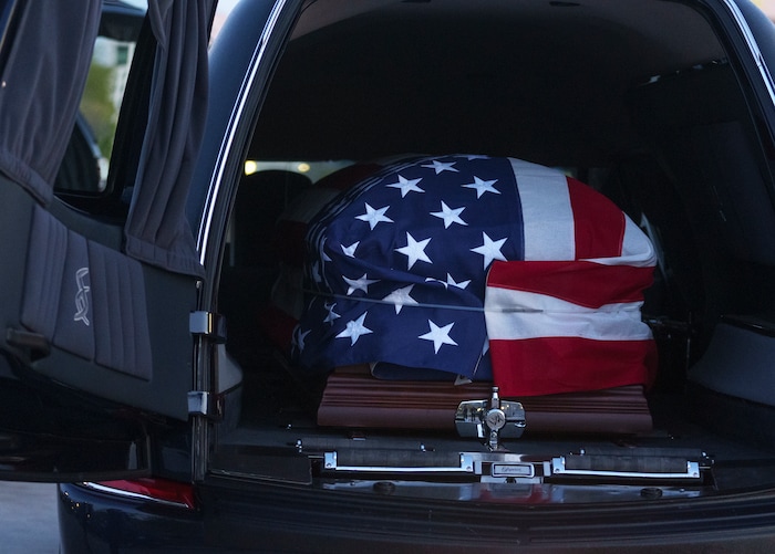 (Leah Hogsten | The Salt Lake Tribune)  The casket carrying former U.S. Sen. Orrin Hatch is loaded into a hearse after a public viewing at the Utah Capitol on Wednesday, May 4, 2022. Hatch, the longest-serving Republican senator in U.S. history and the longest-serving from Utah, died April 23 at age 88.

