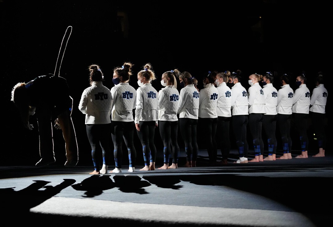 (Francisco Kjolseth | The Salt Lake Tribune) BYU is introduced at the Best of Utah NCAA Gymnastics Meet at the Maverik Center in West Valley City on Friday, Jan. 7, 2022.