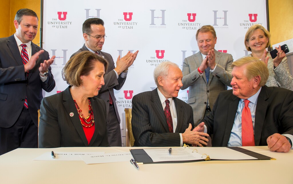 (Leah Hogsten | The Salt Lake Tribune) l-r University of Utah president Ruth V. Watkins, Sen. Orrin G. Hatch and Kem Gardner with The Kem C. Gardner Policy Institute during the announcement and unveiling. The Orrin G. Hatch Foundation announced Wednesday, May 2, 2018, a formal partnership with the University of Utah to erect a new facility to house Senator Hatch's archives from his 42 years in the Senate as well as offer forums to help train future leaders and discussions of policy. The new facility will be across the street from the Thomas S. Monson Center at 411 E. South Temple and will honor the legacy of Utah's long-serving senator who is retiring early next year.