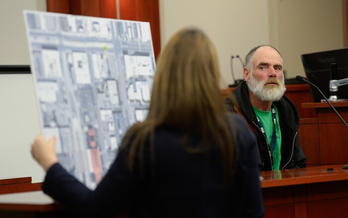 (Francisco Kjolseth  |  The Salt Lake Tribune)  Witness for the prosecution, Lee McCashland, describes where he was standing in downtown Salt Lake City on July 4, 2017, before being struck by a vehicle that had driven onto the sidewalk. A preliminary hearing was held on Monday, Jan. 8, 2018, for Shutney Kyzer, who allegedly was driving the car, killing one homeless person, 27-year-old Kendra Griffis and injuring five others including McCashland.