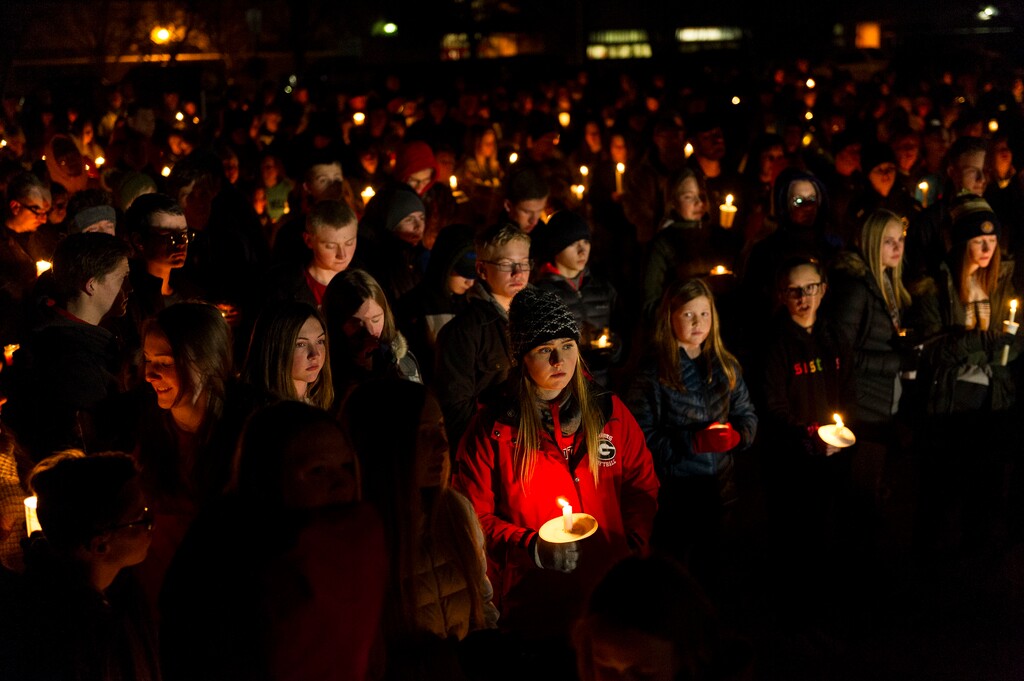 (Alex Gallivan | Special to The Tribune ) The Grantsville community comes together to remember the Haynie family at a candlelight vigil at Grantsville City Park, Monday, Jan. 20, 2020. Colin “CJ” Haynie, pleaded guilty to four counts of aggravated murder and one count of attempted murder on Tuesday.