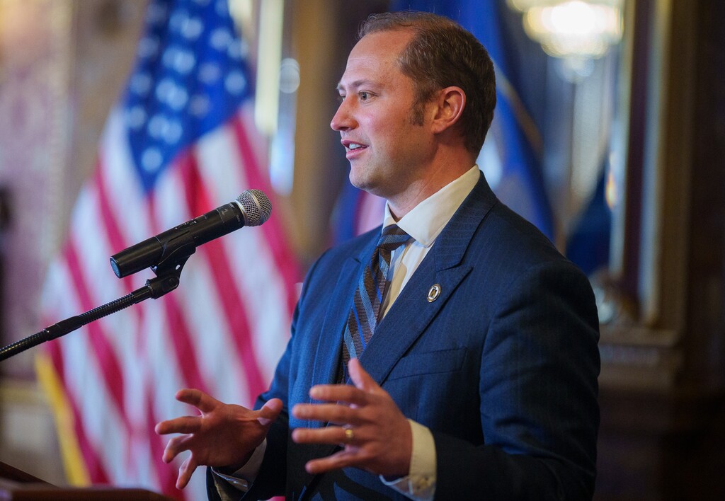 (Trent Nelson | The Salt Lake Tribune) Rep. Jordan Teuscher, R-South Jordan, speaks before Gov. Spencer Cox signs two social media regulation bills at the Capitol building in Salt Lake City on Thursday, March 23, 2023. Teuscher said lawmakers are looking to refine those regulations during the 2024 legislative session.