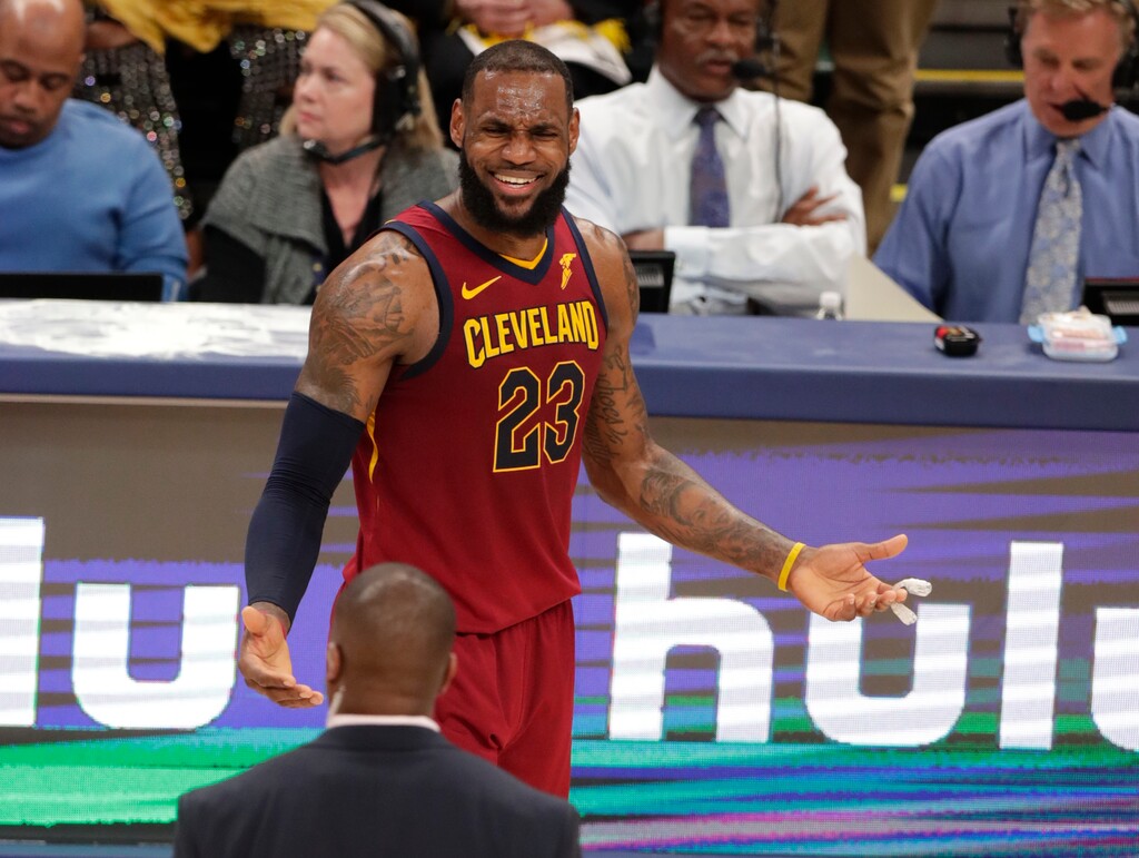 Cleveland Cavaliers forward LeBron James (23) reacts to being called for a technical foul against the Indiana Pacers during the second half of Game 4 of an NBA basketball first-round playoff series in Indianapolis, Sunday, April 22, 2018. (AP Photo/Michael Conroy)