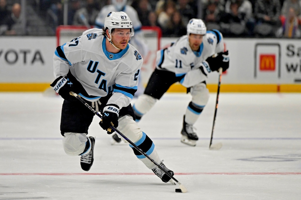 (Jayne-Kamin-Oncea | AP) Utah Hockey Club center Barrett Hayton controls the puck during the first period of an NHL hockey game against the Los Angeles Kings, Club, Saturday, Feb. 22, 2025, in Los Angeles.