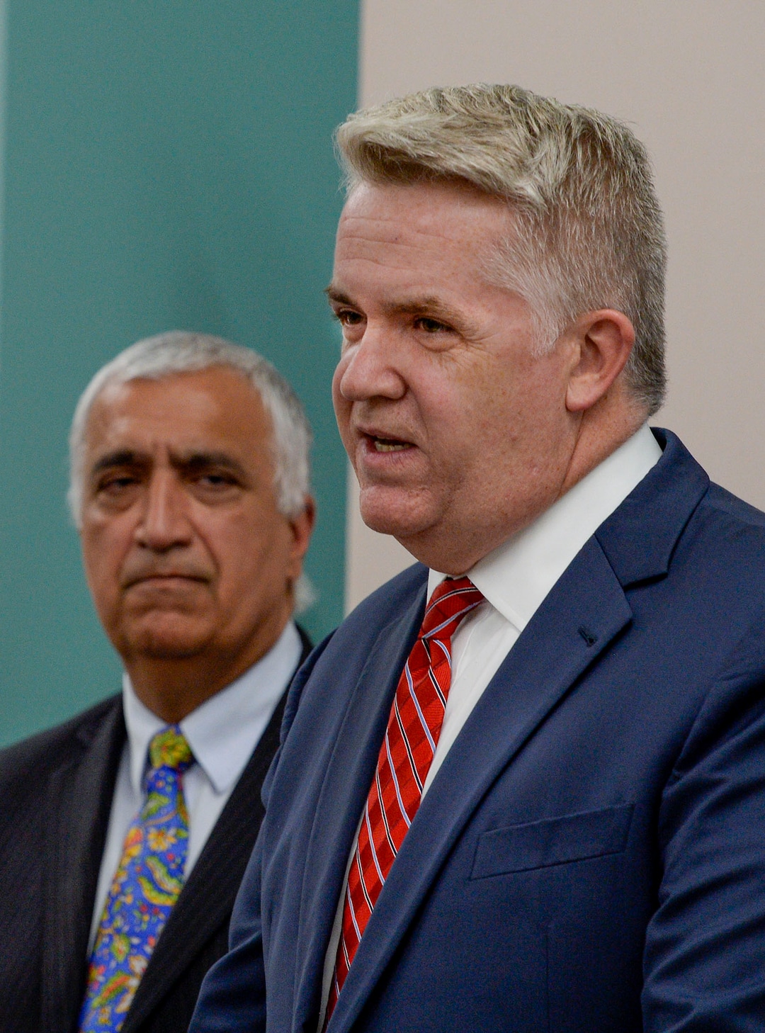 (Leah Hogsten  |  The Salt Lake Tribune) U.S. Attorney John Huber joined Salt Lake County District Attorney Sim Gill during a joint FBI Child Exploitation Task Force press conference to warn Utahns of the "hypersexualized virtual world" and to report the task force findings in the fight to prevent children from being lured by internet predators and raped, kidnapped or murdered, Nov. 19, 2019. The multi-agency representatives reported that the task force netted 30 perpetrators in just four days in one month and called attention to the need for parents to police their children's online presence. "We expect you to step up and protect your children," said Gill.