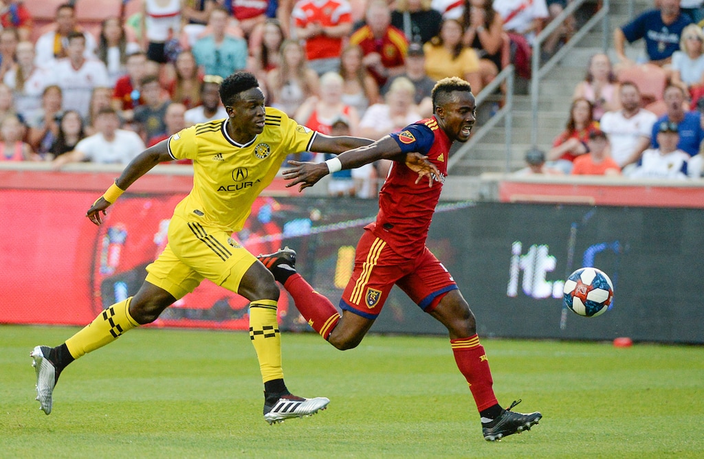 (Francisco Kjolseth | Tribune file photo) Columbus Crew's Aboubacar Keita (30) defends against Real Salt Lake forward Sam Johnson (50) during an MLS soccer match Wednesday, July 3, 2019, in Sandy, Utah.
