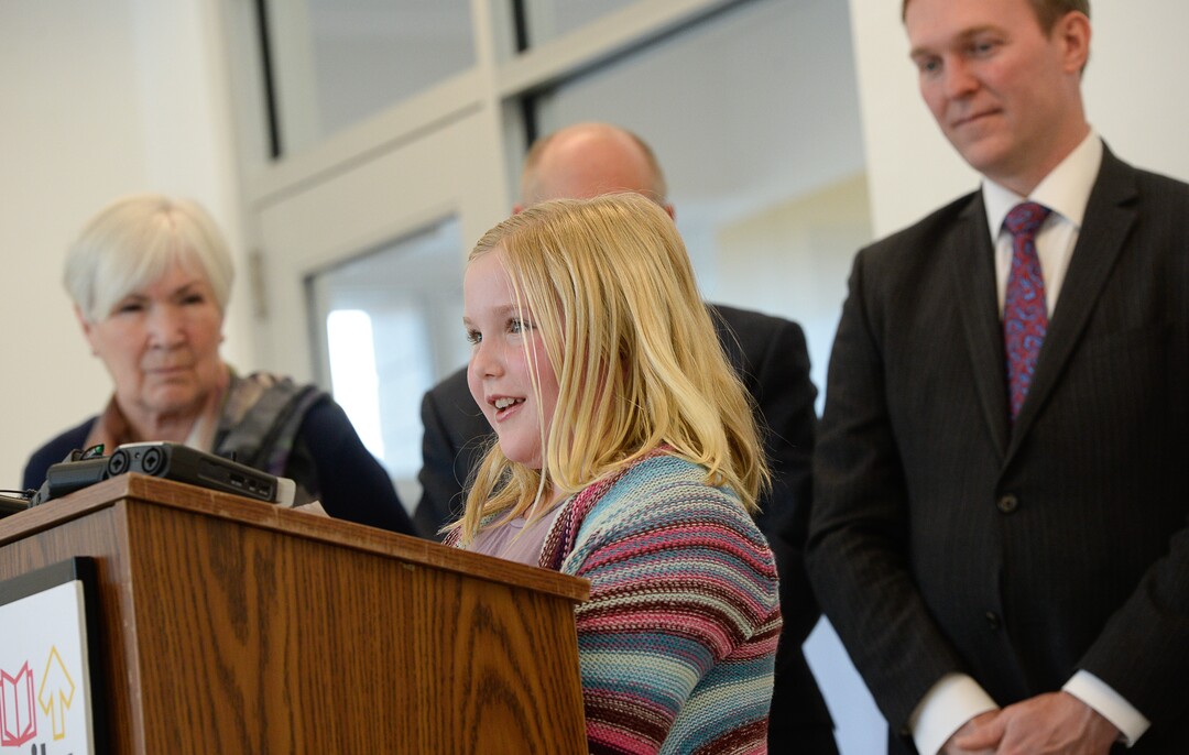 (Francisco Kjolseth  |  The Salt Lake Tribune)  Emma Mitchell, 10, who donated her $5 weekly allowance to help the homeless expresses her motivations including knowing many classmates at Whittier Elementary who are homeless. Shelter the Homeless, a nonprofit organization leading efforts surrounding the new resource centers, provided an update on fundraising efforts surrounding the Larry H. and Gail Miller familyÕs $10 million matching grant, including notable donations from individuals and organizational donors both large and small.
