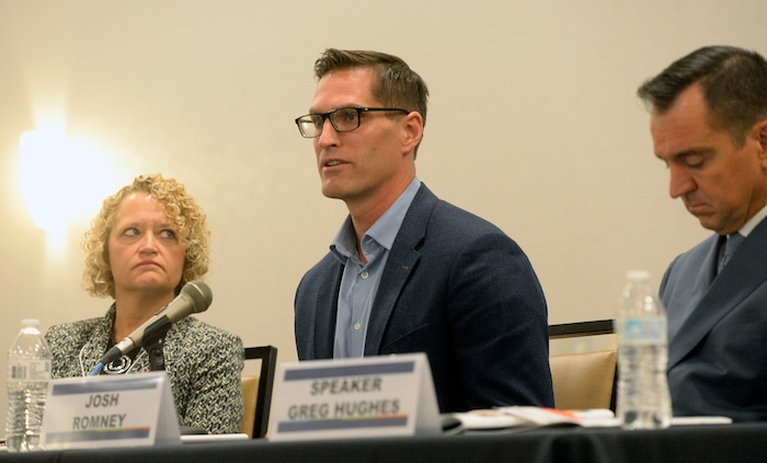 (Al Hartmann  |  The Salt Lake Tribune) 	
Salt Lake City Mayor Jackie Biskupski, left, Josh Romney and Speaker of the House Greg Hughes speak in a panel discusion to Utah homeless service providers at Utah's 14th Annual Homelessness Summit in Salt Lake City Wednesday Oct. 11.
